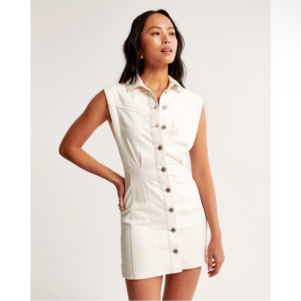Abercrombie Sleeveless Collared Cream Denim Button-Down Dress